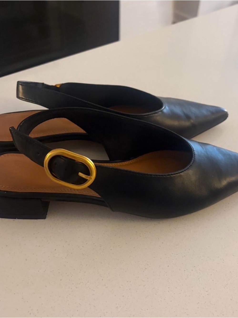 ASOS Vegan Leather Classic Black Pointed Slingback Flats with Gold Buckle